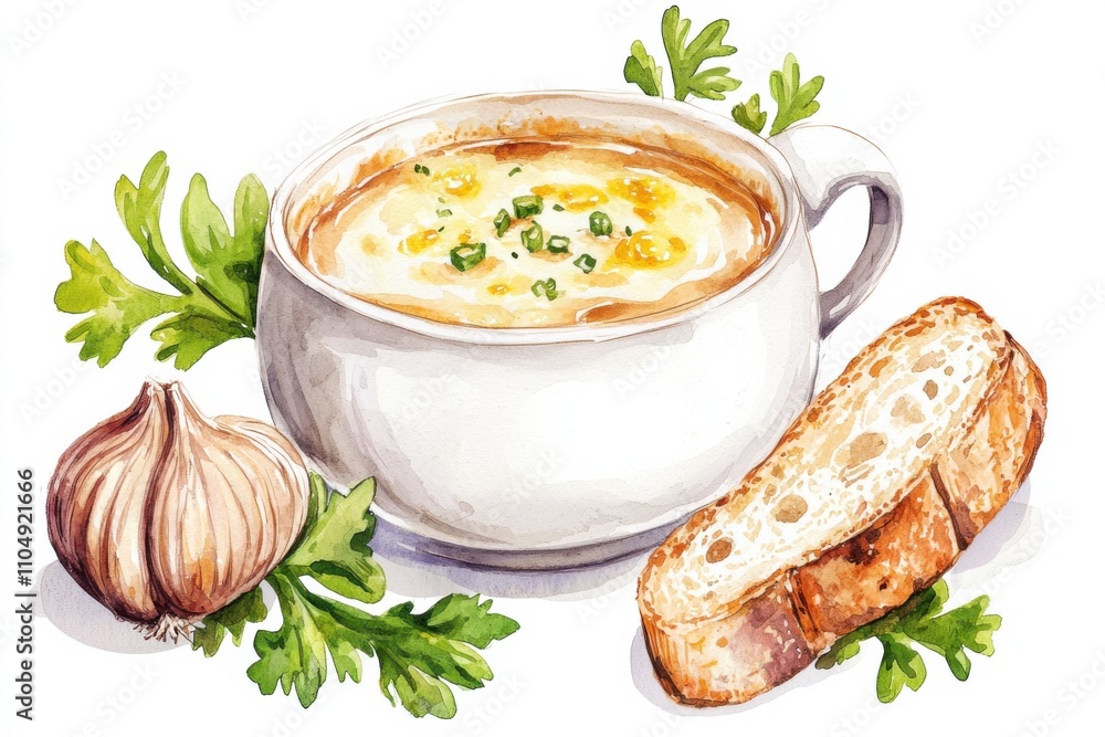 Delicious watercolor clipart of creamy soup with garlic and bread kitchen table food art vibrant colors and textures Delicious watercolor clipart of creamy soup with garlic and bread kitchen table food art vibrant colors and textures