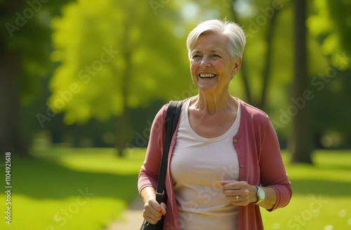 Happy senior woman walking outdoors in a sunny park. Active lifestyle and joy of nature concept