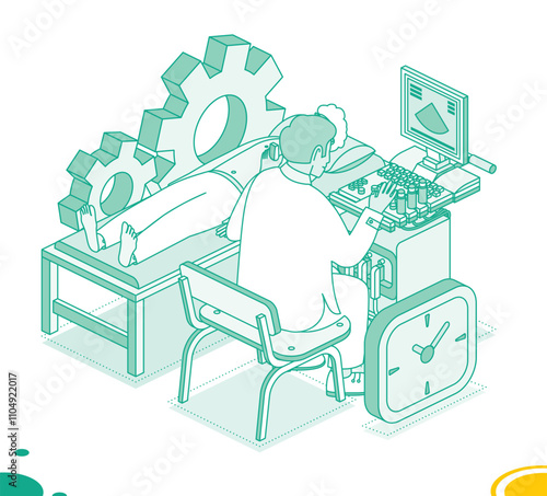 Doctor doing ultrasound scan of the stomach to adult patient. Adult man lies on examination table at hospital or clinic. Isometric outline medical concept.