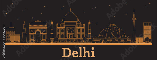 Outline Delhi India City Skyline with orange Buildings. Business Travel and Concept with Modern Architecture. Delhi Cityscape with Landmarks.