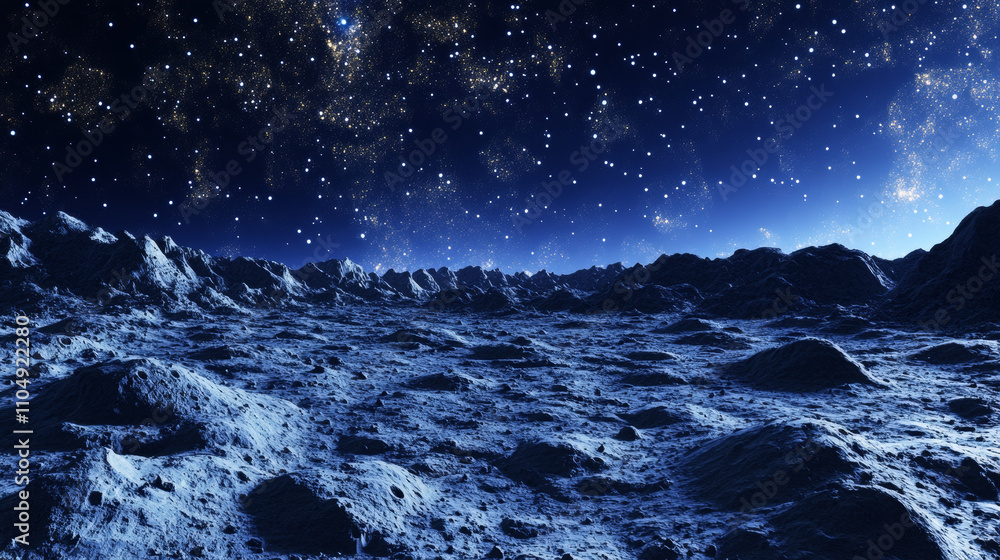 Alien planet surface with craters on background of deep cosmos sky with space bodies. Cartoon vector illustration of cosmic landscape. Fantasy universe object scenery for exploration concept. Alien planet surface with craters on background of deep cosmos sky with space bodies. Cartoon vector illustration of cosmic landscape. Fantasy universe object scenery for exploration concept.