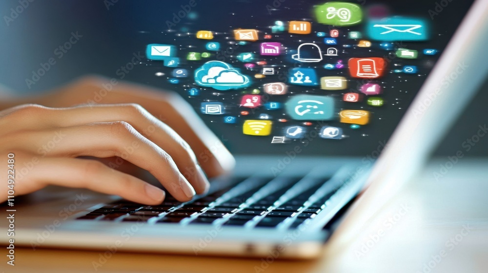 Close-up of hands typing on a laptop with floating icons for internet, Close-up of hands typing on a laptop with floating icons for internet,