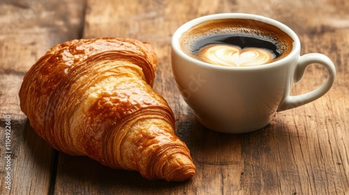 Close-up of hot coffee and buttery croissant on a rustic wooden