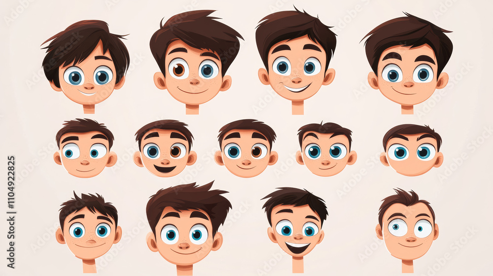 Cartoon kid boy face construction kit. Boy face diy constructor elements -different eyes and noses, lips and eyebrows, haircuts and color of hair. Vector child character portrait creation generator. Cartoon kid boy face construction kit. Boy face diy constructor elements -different eyes and noses, lips and eyebrows, haircuts and color of hair. Vector child character portrait creation generator.