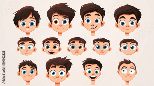 Cartoon kid boy face construction kit. Boy face diy constructor elements -different eyes and noses, lips and eyebrows, haircuts and color of hair. Vector child character portrait creation generator.