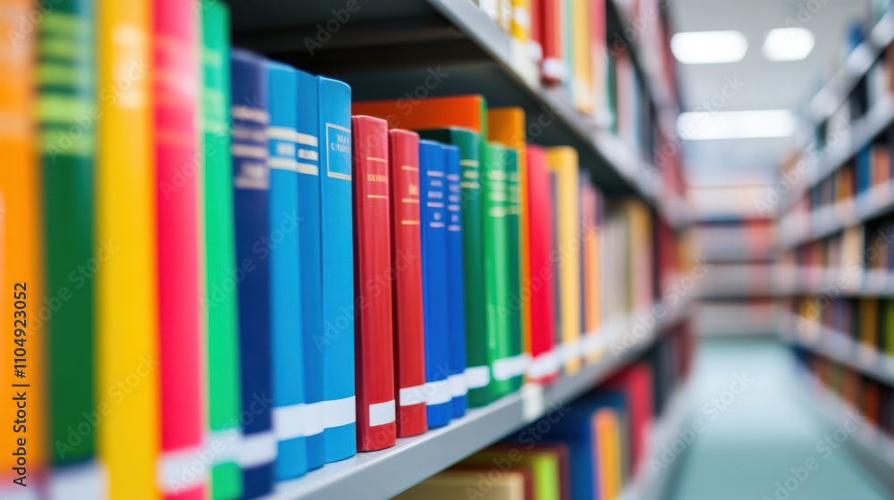 Close-up of organized books on a library shelf, rich in detail, Close-up of organized books on a library shelf, rich in detail,