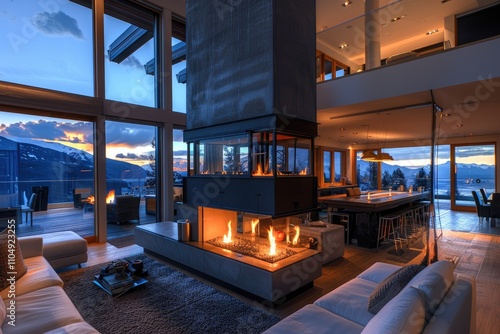 Modern living room with a double-sided fireplace, offering stunning mountain views. Perfect for showcasing luxury real estate, modern design, or cozy winter themes.