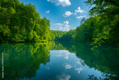 Tranquil Lake Surrounded by Lush Trees Reflecting Nature’s Serenity