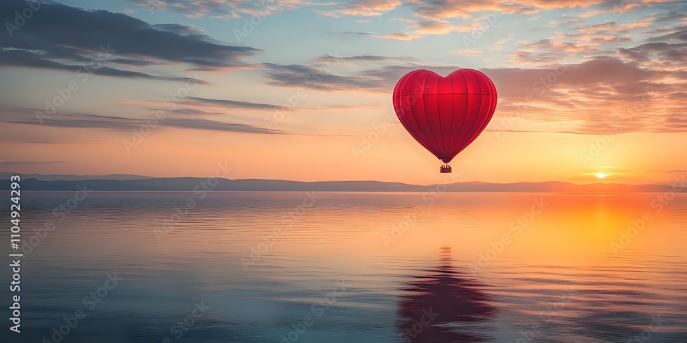 Obraz premium Romantic Heart Shaped Hot Air Balloon Soaring Over Calm Lake at Sunrise
