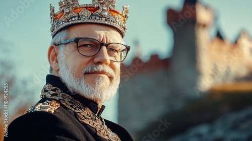 Regal figure poses in traditional attire near a historic castle during golden hour with a serene expression