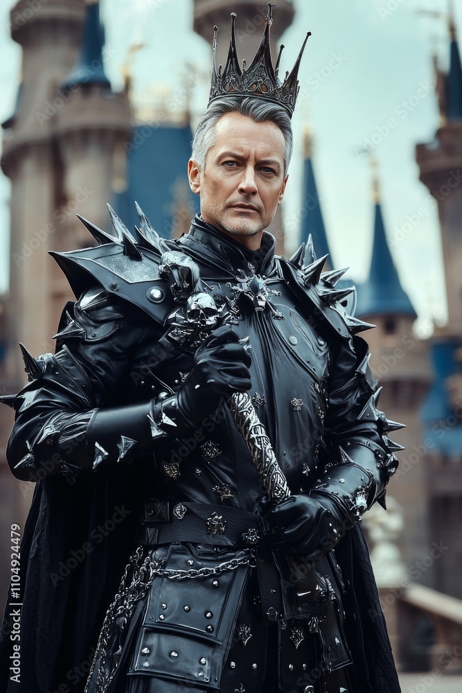 Dark king in majestic armor stands confidently in front of a castle during an enchanted celebration Dark king in majestic armor stands confidently in front of a castle during an enchanted celebration