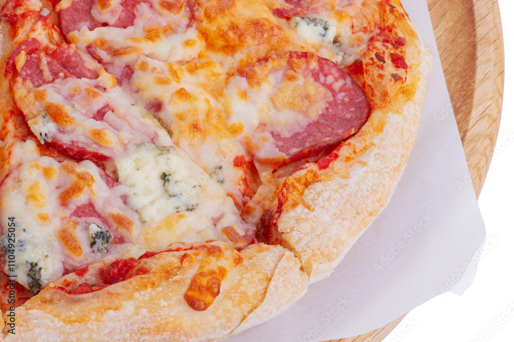 Pizza delivery. Pizza with salami and cheese in a paper box isolated. Pizza delivery. Pizza with salami and cheese in a paper box isolated.