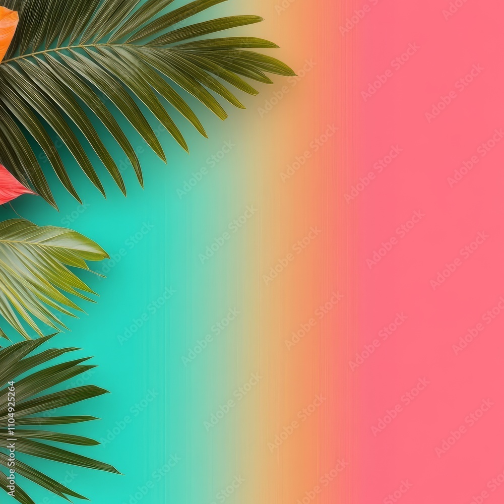 Fototapeta premium Tropical palm leaves on vibrant teal and pink gradient background.