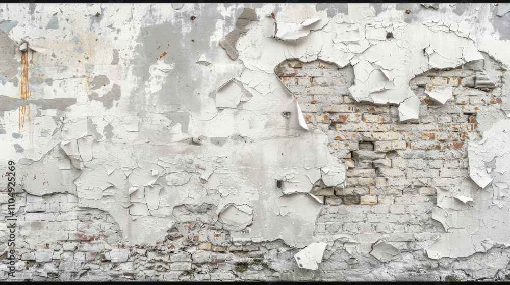 Obraz premium Weathered brick wall with peeling paint; shows texture and age. Ideal for grunge, urban, or vintage design projects needing a distressed backdrop.