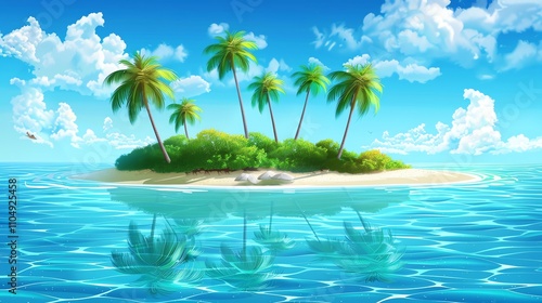 A cartoon illustration of a tropical island with palm trees and a blue ocean.