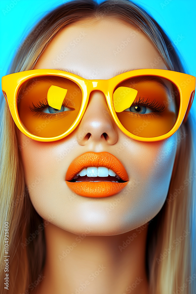 A woman with orange lipstick and yellow sunglasses. The sunglasses are reflective and the woman is smiling. Scene is cheerful and playful A woman with orange lipstick and yellow sunglasses. The sunglasses are reflective and the woman is smiling. Scene is cheerful and playful