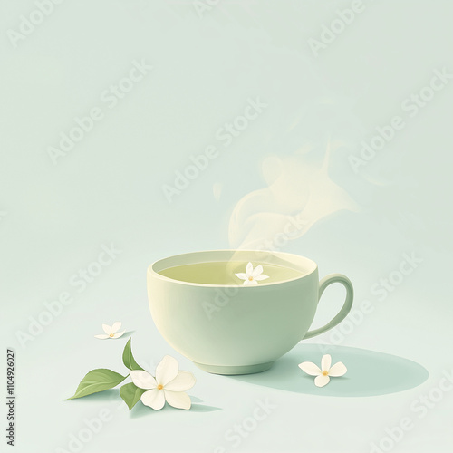 Steaming green tea in pastel cup with jasmine flowers