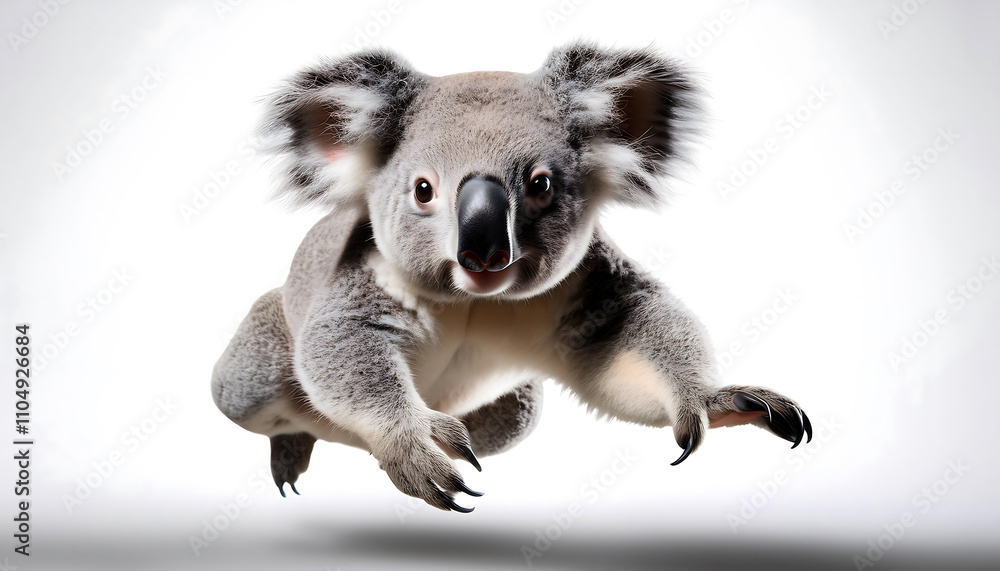 A Dynamic Mid-Air Leap: Studio-Lit Koala in Motion A Dynamic Mid-Air Leap: Studio-Lit Koala in Motion