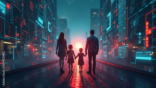Family Walking in a Digital City with Cybersecurity Symbols and Copyspace