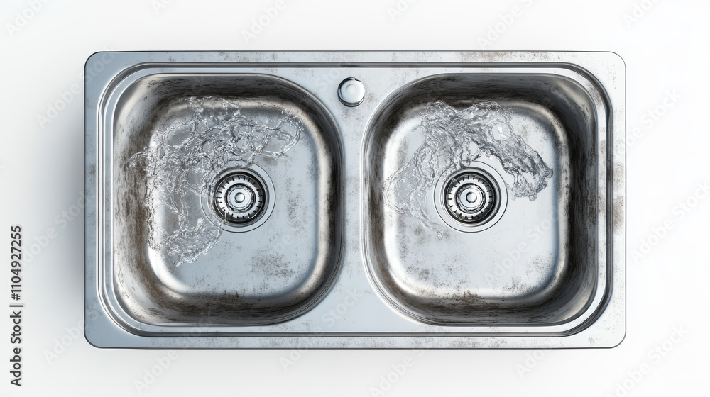 Stainless steel sinks top view 3d mockup. Kitchen metal washbasin with water and rust, double bowl for dirty and clean dishes. household stuff isolated on white background, Realistic vector mock up Stainless steel sinks top view 3d mockup. Kitchen metal washbasin with water and rust, double bowl for dirty and clean dishes. household stuff isolated on white background, Realistic vector mock up