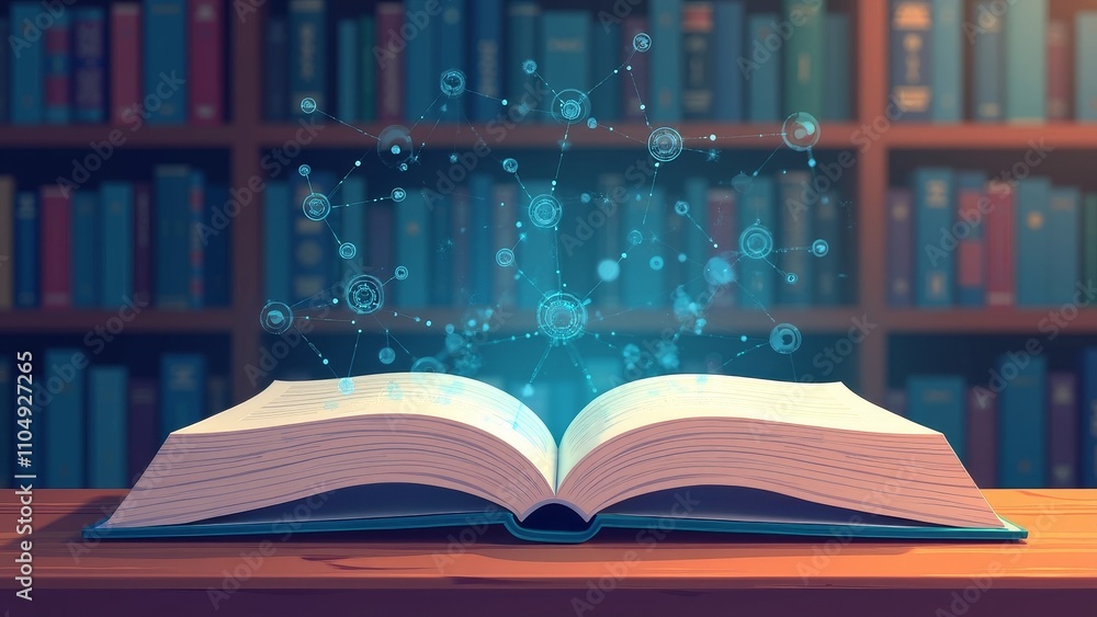 Fototapeta premium Open book illustration with glowing connections in a virtual library, symbolizing knowledge and discovery