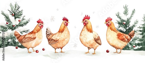 Merry Christmas with Four Adorable Chickens in Snowy Winter Wonderland