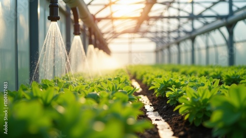 Sunlight streams through a greenhouse as an advanced irrigation system waters healthy plant rows