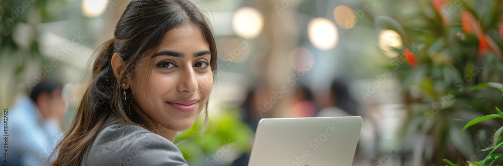 Naklejka premium Smiling Indian student using a laptop in a vibrant outdoor setting, symbolizing education, technology, and positivity.