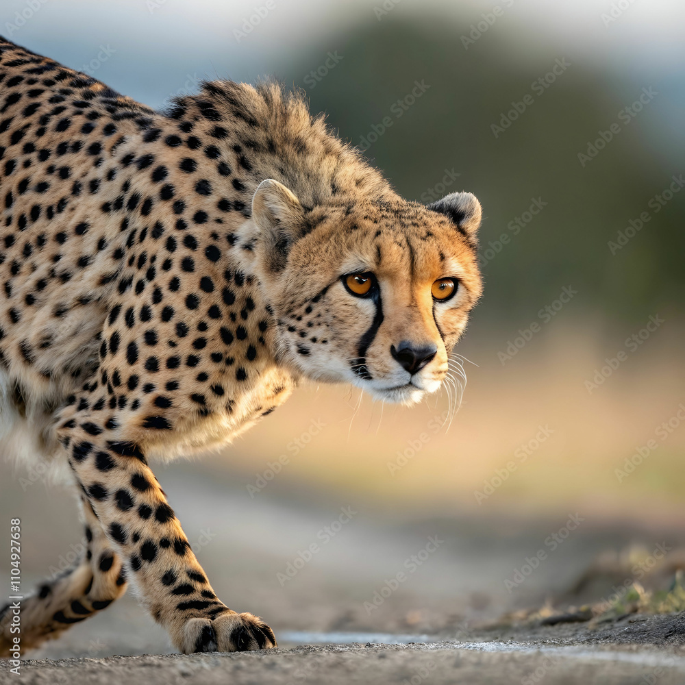 beautiful cheetah hunting for prey with a blurred beautiful cheetah hunting for prey with a blurred