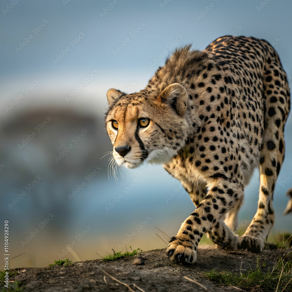 beautiful cheetah hunting for prey with a blurred beautiful cheetah hunting for prey with a blurred