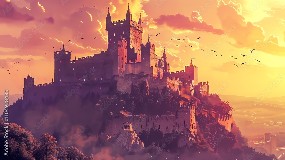 An illustration of a large castle sitting on a hill overlooking a valley. An illustration of a large castle sitting on a hill overlooking a valley.