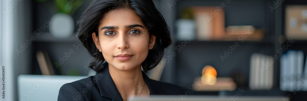 Focused Indian businesswoman in a modern office, using a laptop and reflecting professionalism and confidence. Focused Indian businesswoman in a modern office, using a laptop and reflecting professionalism and confidence.