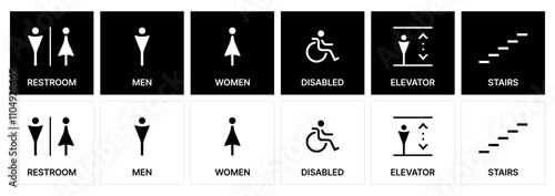 Universal Public Signage Icons for Restrooms, Accessibility, Elevators, and Stairs. Male and female toilet icon and symbols. disabled icon. restroom icons and public pictogram.