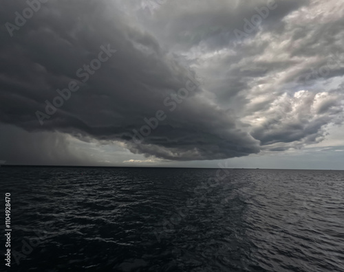 Dark with Dramatic blue sky and dark as Dramatic blue sea color and dark storm raining cloud background. photo