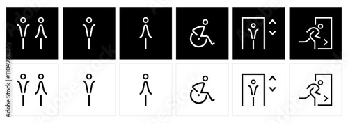 Universal Public Signage Icons for Restrooms, Accessibility, Elevators, and Exits. Male and female toilet icon and symbols. disabled icon. restroom icons and public pictogram.