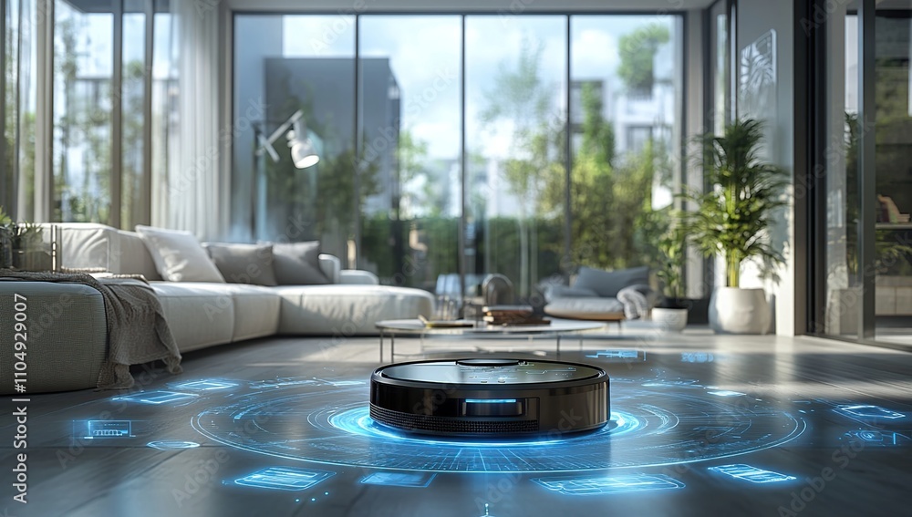 Smart Home Technology: Robotic Vacuum Cleaner in Modern Living Room Cleaning with Futuristic Interface Smart Home Technology: Robotic Vacuum Cleaner in Modern Living Room Cleaning with Futuristic Interface