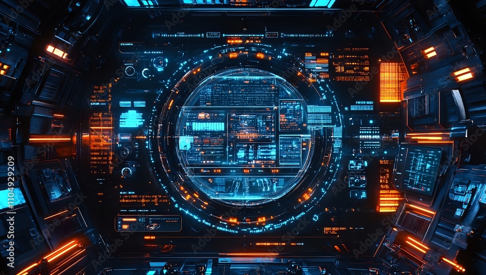 Futuristic Spaceship Control Panel Interface: High-Tech Digital Cockpit Design with Neon Lights and Data Streams Futuristic Spaceship Control Panel Interface: High-Tech Digital Cockpit Design with Neon Lights and Data Streams