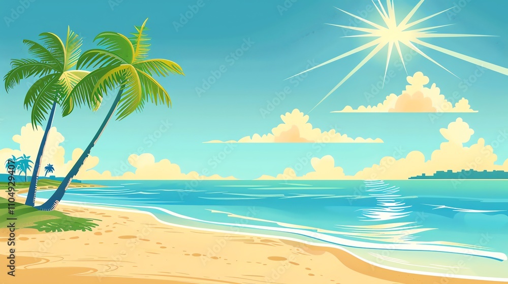 A cartoon beach scene with palm trees and a blue ocean under a sunny sky. A cartoon beach scene with palm trees and a blue ocean under a sunny sky.