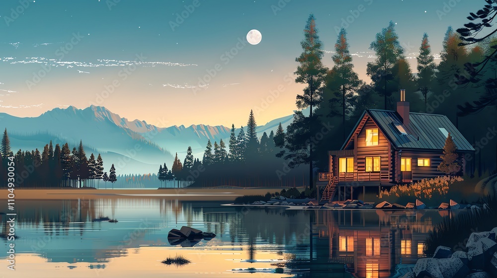 Cozy cabin by the lake with a moonlit sky, surrounded by a tranquil forest. Cozy cabin by the lake with a moonlit sky, surrounded by a tranquil forest.