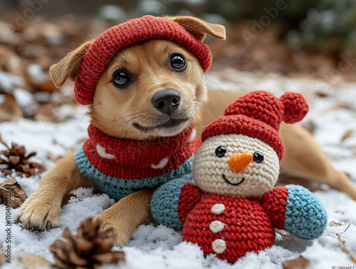 Christmas-themed toys for pets, like chew toys shaped like snowmen, reindeer, or candy canes, or interactive toys with holiday designs. photo