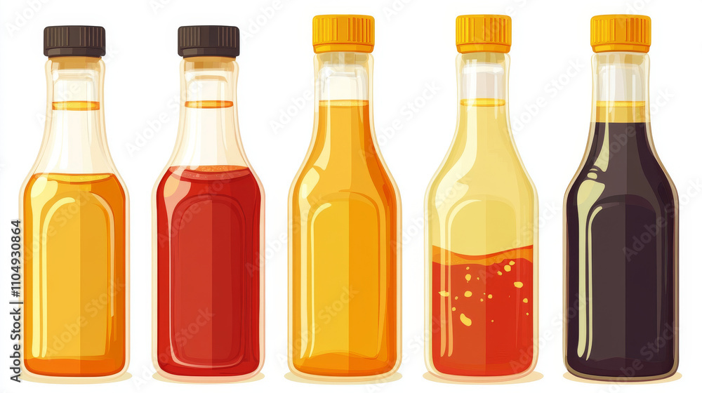 Sauce in plastic and glass bottle. Cartoon vector illustration set of spicy dressing condiment - hot chili and bbq, mustard and soy. Container with food seasoning gravy. Taste product packaging. Sauce in plastic and glass bottle. Cartoon vector illustration set of spicy dressing condiment - hot chili and bbq, mustard and soy. Container with food seasoning gravy. Taste product packaging.