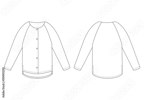 Technical drawing of a casual coat with a simple collar, front button closure, and long sleeves. Presented in front and back views.