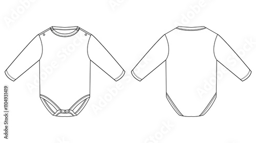 Technical drawing of a baby's long-sleeve bodysuit with snap closures at the shoulder for easy dressing.