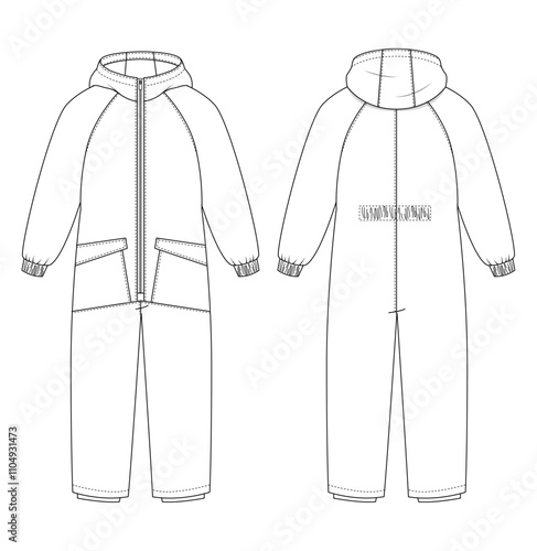 Technical drawing of a hooded jumpsuit featuring front and back views, zip closure, and large pockets. Suitable for adult winter wear designs.