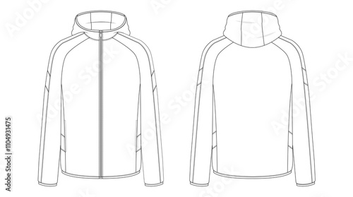Technical drawing of a hooded jacket, illustrating front and back views with zipper and sleeve details. Suitable for adult casual or sportswear designs.