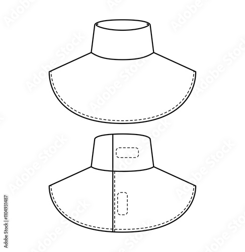 Technical drawing of a collar accessory, displaying both the open and buttoned views. Suitable for enhancing various garment styles.