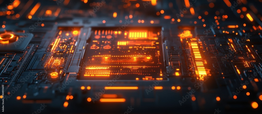 Obraz premium Close-up of a glowing orange circuit board.