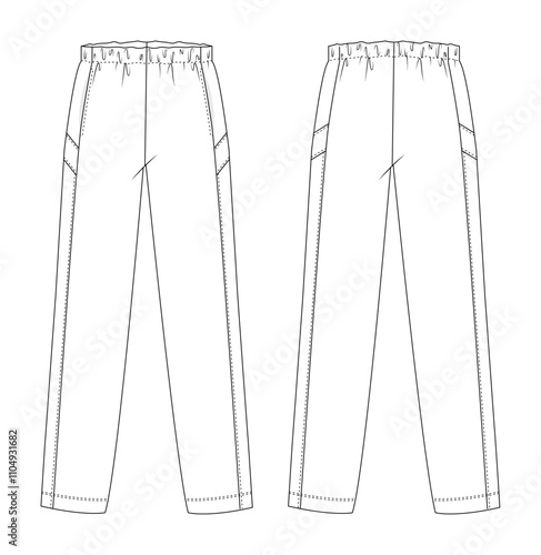 Technical drawing of sweatpants with side pockets and elastic waist, displayed in front and back views. The design shows stitched detailing and relaxed fit.