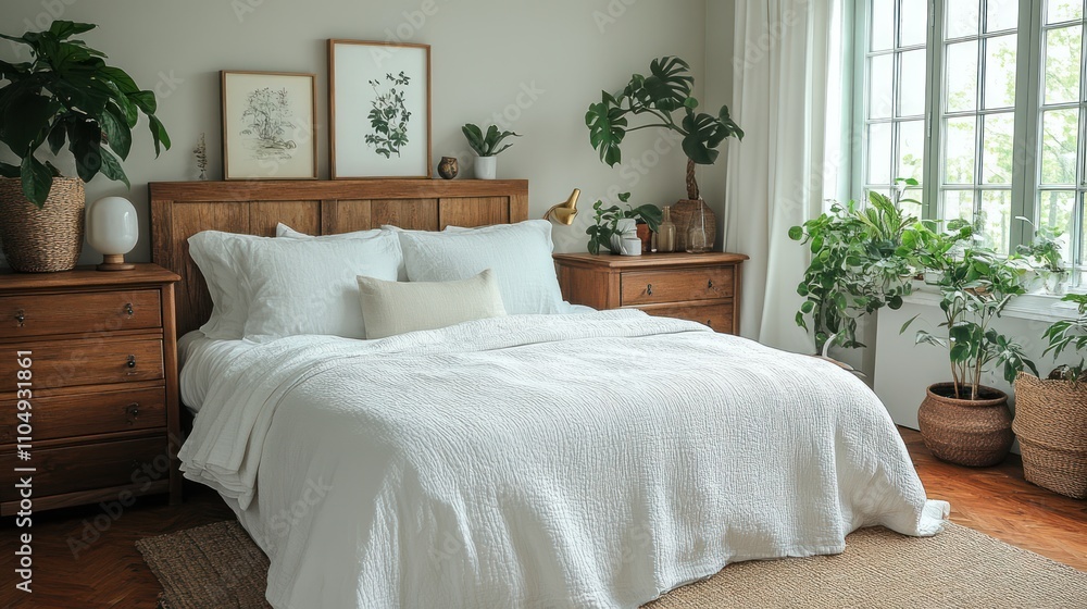 Serene Bedroom Featuring White Bedding and Lush Plants Serene Bedroom Featuring White Bedding and Lush Plants