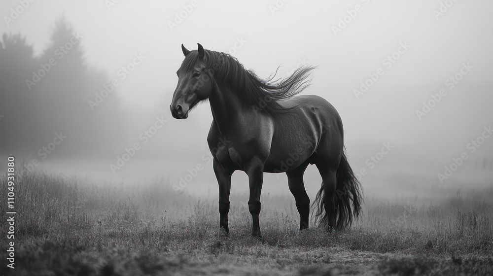Majestic Black Stallion in Misty Field Majestic Black Stallion in Misty Field